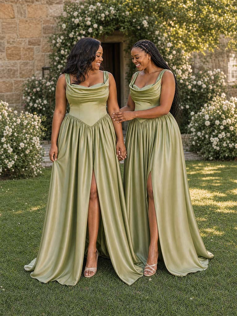 ChicSew Elegant Cowl Neck A-Line Side Slit Soft Satin Long Bridesmaid Dresses