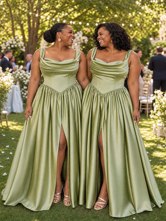 ChicSew Elegant Cowl Neck A-Line Side Slit Soft Satin Long Bridesmaid Dresses