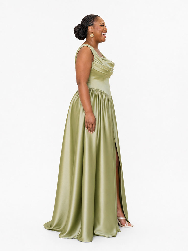 ChicSew Elegant Cowl Neck A-Line Side Slit Soft Satin Long Bridesmaid Dresses
