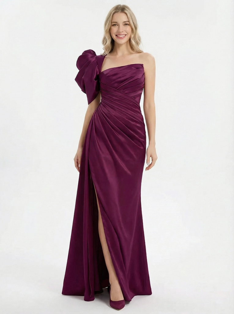 Modern One Shoulder Asymmetrical Satin Mermaid Formal Dress Side Slit
