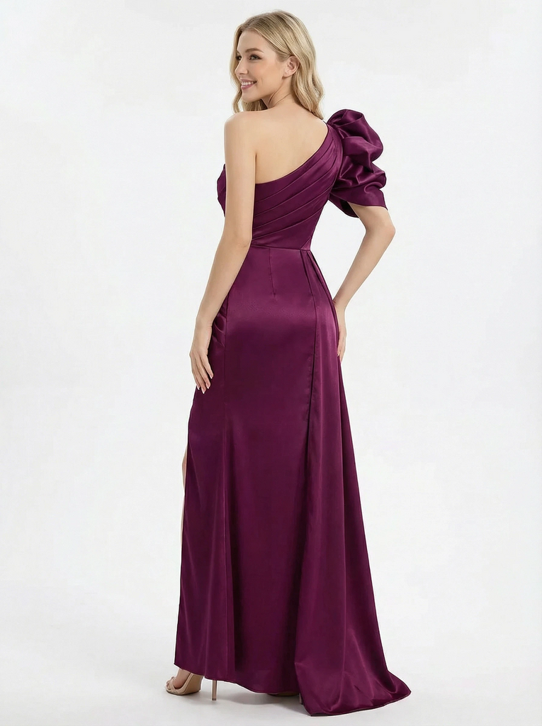 Modern One Shoulder Asymmetrical Satin Mermaid Formal Dress Side Slit