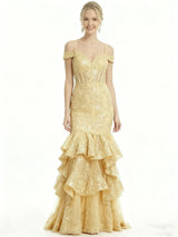 Elegant Cold Shoulder Mermaid Prom Gown Classy Tiered Ruffle Lace Long Formal Dress