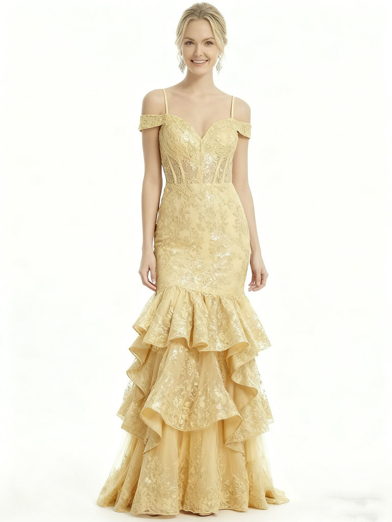 Elegant Cold Shoulder Mermaid Prom Gown Classy Tiered Ruffle Lace Long Formal Dress