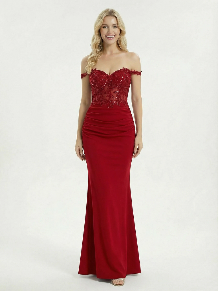 Sexy Mermaid Lace Beaded Long Crepe Night Prom Dresses