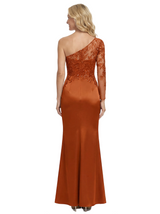 Chicsew One Shoulder Satin Mermaid Mother Of The Groom Dress With Lace Long Sleeve