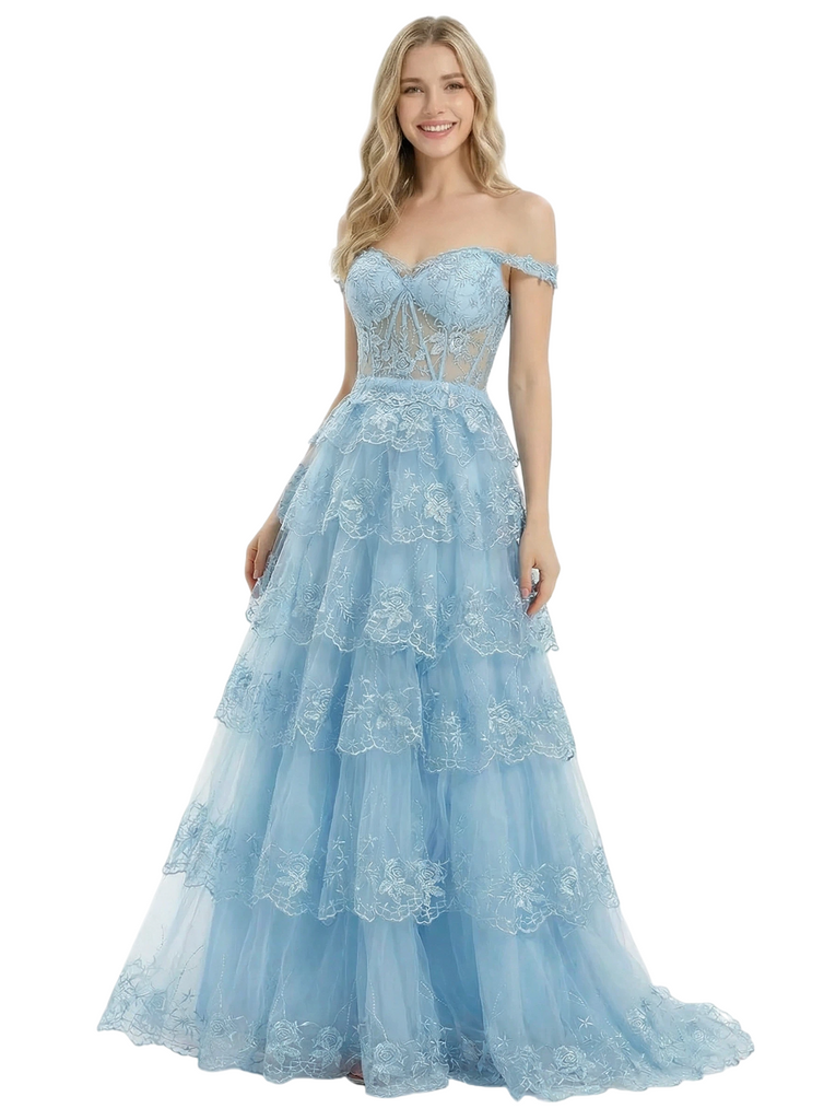 ChicSew Beautiful Off Shoulder Corset Lace Sparkly A-Line Floor Length Formal Evening Gown