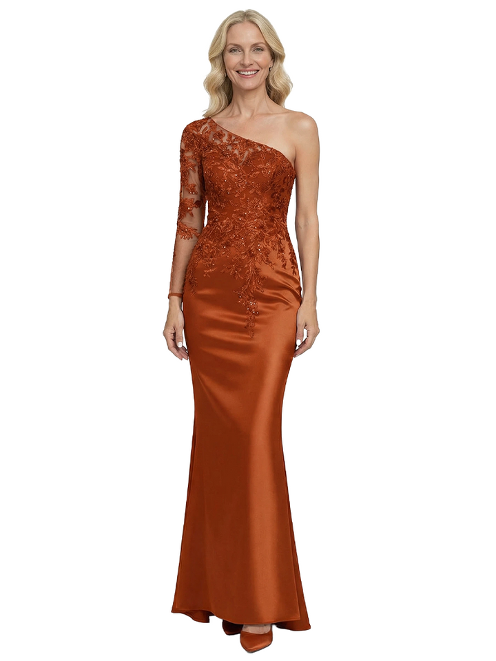 Chicsew One Shoulder Satin Mermaid Mother Of The Groom Dress With Lace Long Sleeve