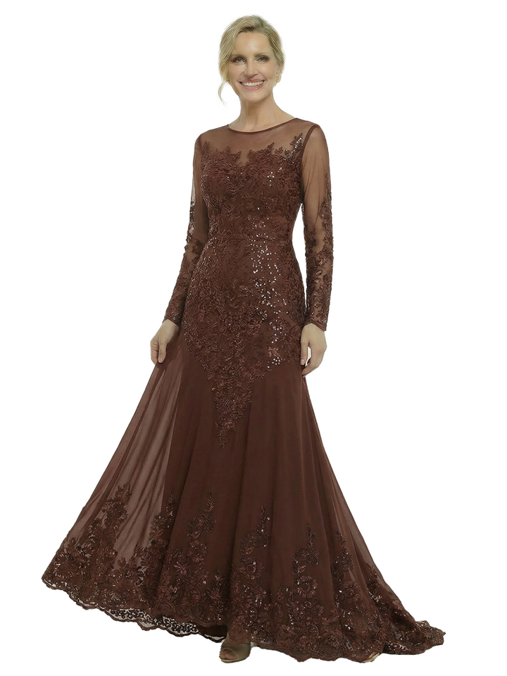 Chicsew Fancy Long Sleeves Jewel A-Line Lace Long Mother Of The Groom Gown