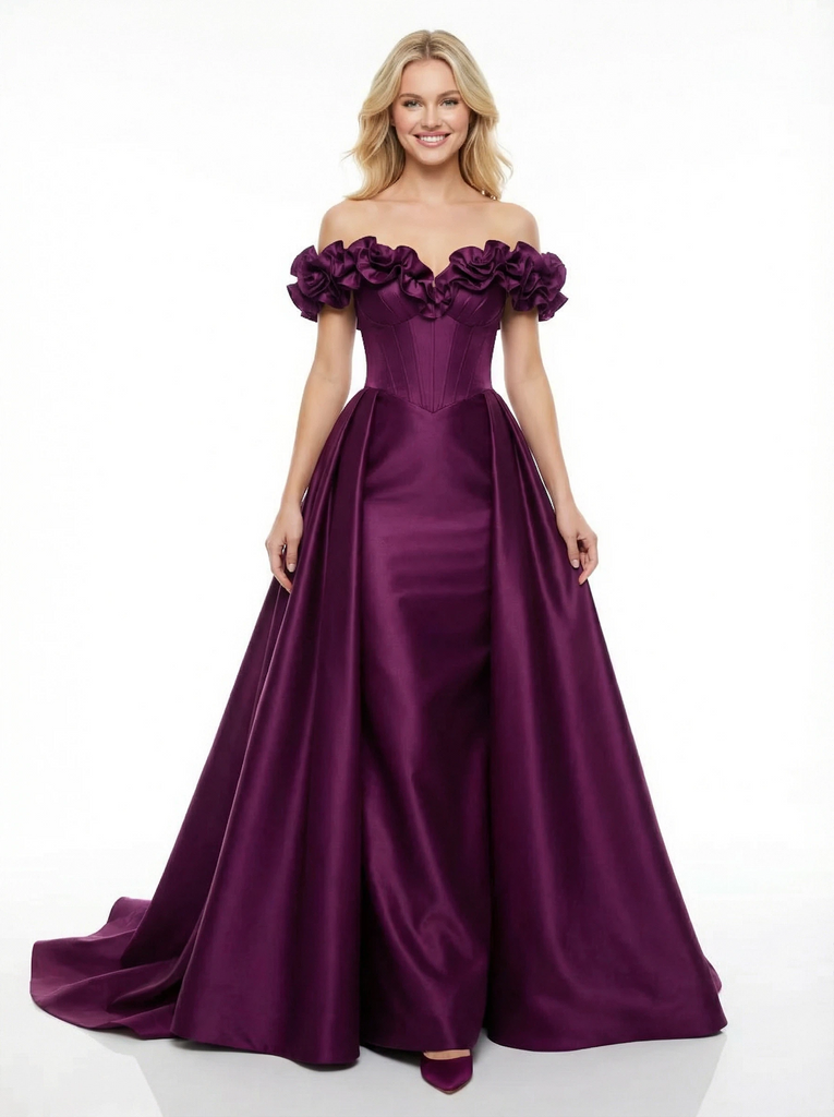 Fancy Handmade Flower Satin Off Shoulder Satin Party Prom Dresses OverSkirt