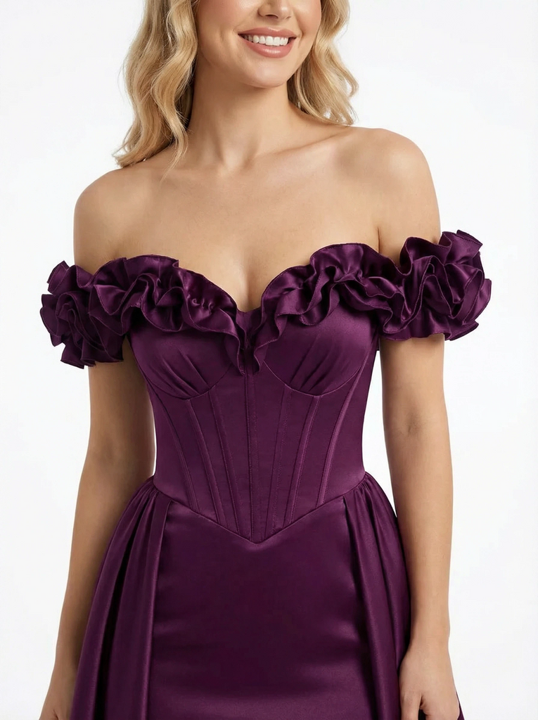 Fancy Handmade Flower Satin Off Shoulder Satin Party Prom Dresses OverSkirt