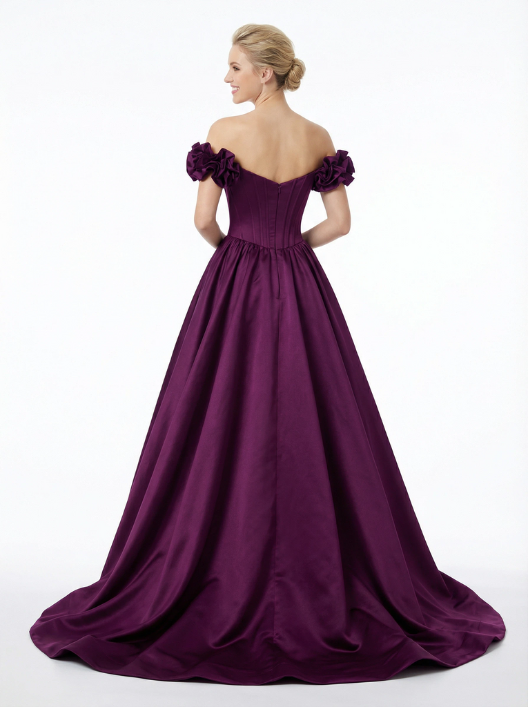 Fancy Handmade Flower Satin Off Shoulder Satin Party Prom Dresses OverSkirt