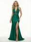 Modern Halter Lace Beaded Satin Mermaid Elegant Prom Dress Side Slit