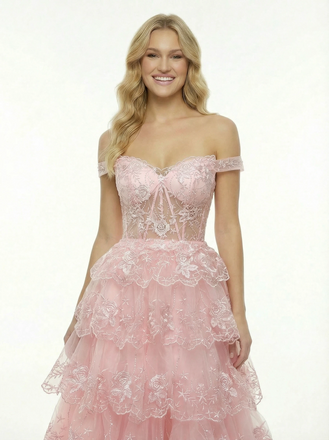 Pretty Ruffle Off Shoulder Lace A-Line Gown Formal Gala Event Prom Dress