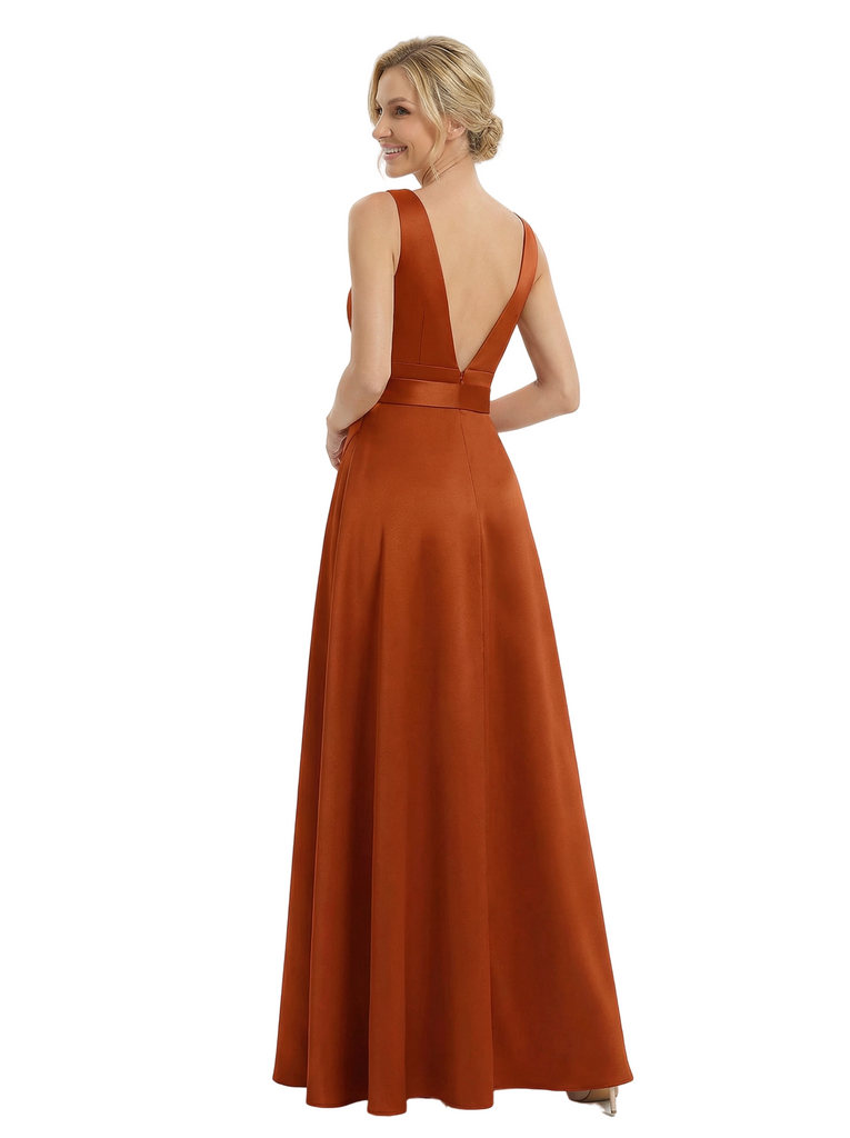 Chicsew Unique Sleeveless V-Neck Satin A-Line Side Slit Mother Of The Bride Gown With Bow Waist