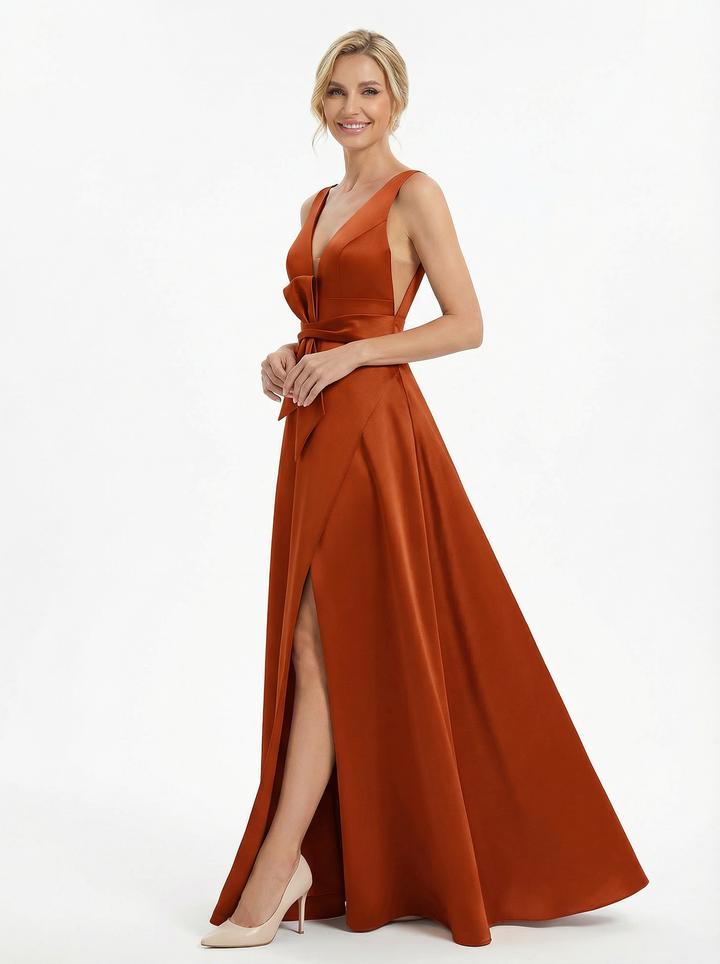 Chicsew Unique Sleeveless V-Neck Satin A-Line Side Slit Mother Of The Bride Gown With Bow Waist