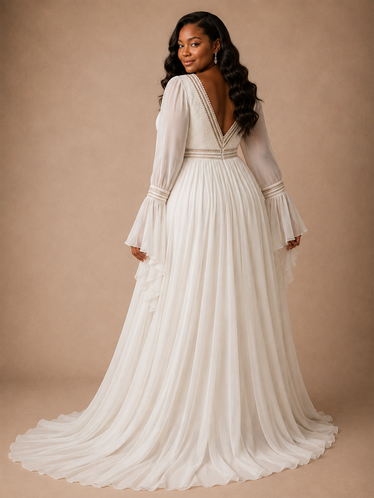 ChicSew Sexy V-Neck Chiffon Long Flutter Sleeves A-Line Side Slit Maxi Wedding Dress