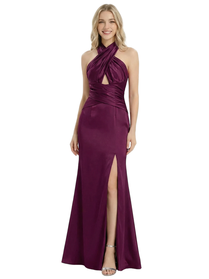 ChicSew Beautiful Halter Side Slit Bow Knot Satin Mermaid Sexy Long Prom Dress