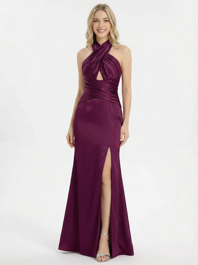 Beautiful Halter Neck Bow-knot Satin Gown Sexy Long Prom Dress