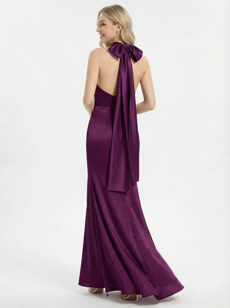 Beautiful Halter Neck Bow-knot Satin Gown Sexy Long Prom Dress