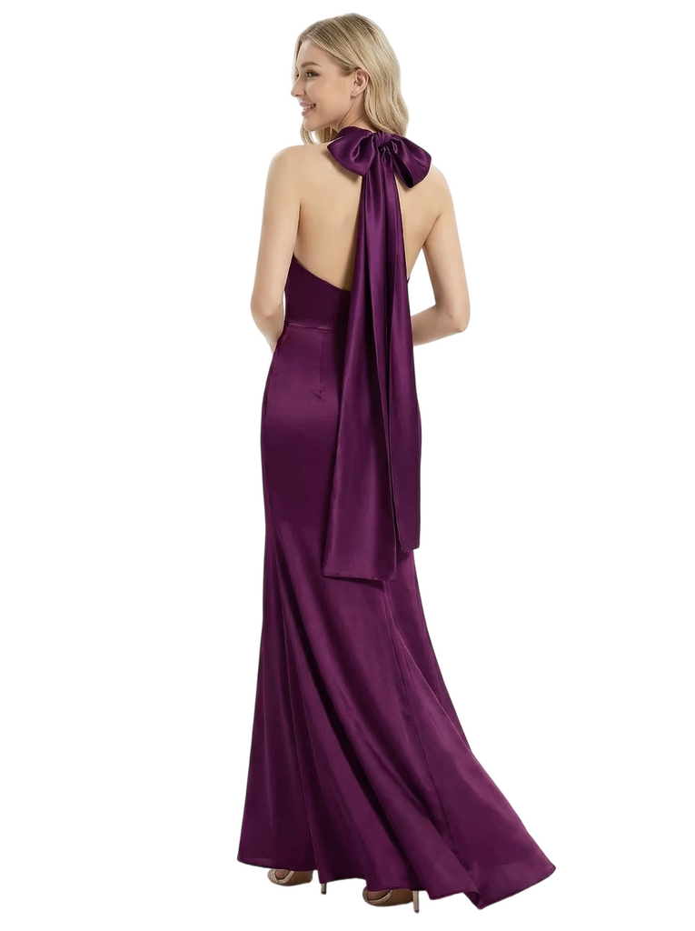 ChicSew Beautiful Halter Side Slit Bow Knot Satin Mermaid Sexy Long Prom Dress