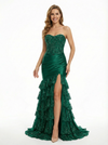 Strapless Sweetheart Ruffle Satin Lace Mermaid Formal Prom Dress Side Slit