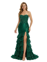 ChicSew Strapless Sweetheart Ruffle Satin Applique Mermaid Formal Prom Dress Side Slit