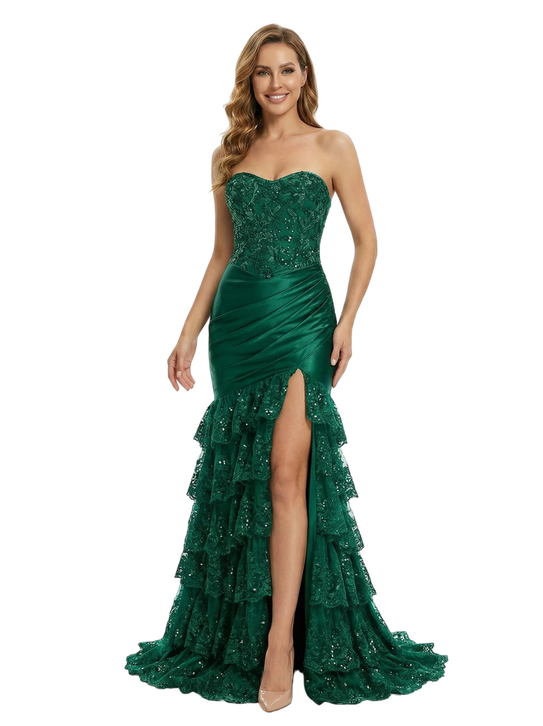 ChicSew Strapless Sweetheart Ruffle Satin Applique Mermaid Formal Prom Dress Side Slit