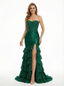 Strapless Sweetheart Ruffle Satin Lace Mermaid Formal Prom Dress Side Slit