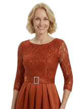 Chicsew Elegant Scoop A-Line Lace Satin Mother Of The Bride Dress With Long Sleeves