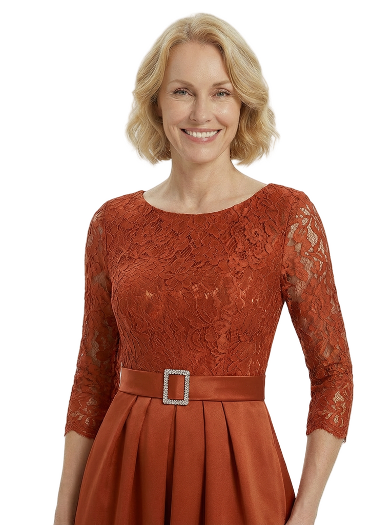 Chicsew Elegant Scoop A-Line Lace Satin Mother Of The Bride Dress With Long Sleeves