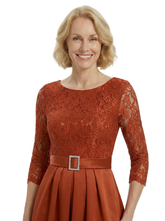 Chicsew Elegant Scoop A-Line Lace Satin Mother Of The Bride Dress With Long Sleeves