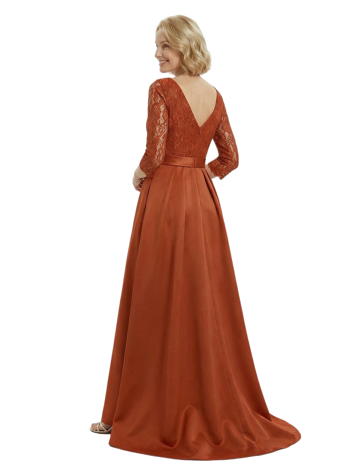 Chicsew Elegant Scoop A-Line Lace Satin Mother Of The Bride Dress With Long Sleeves