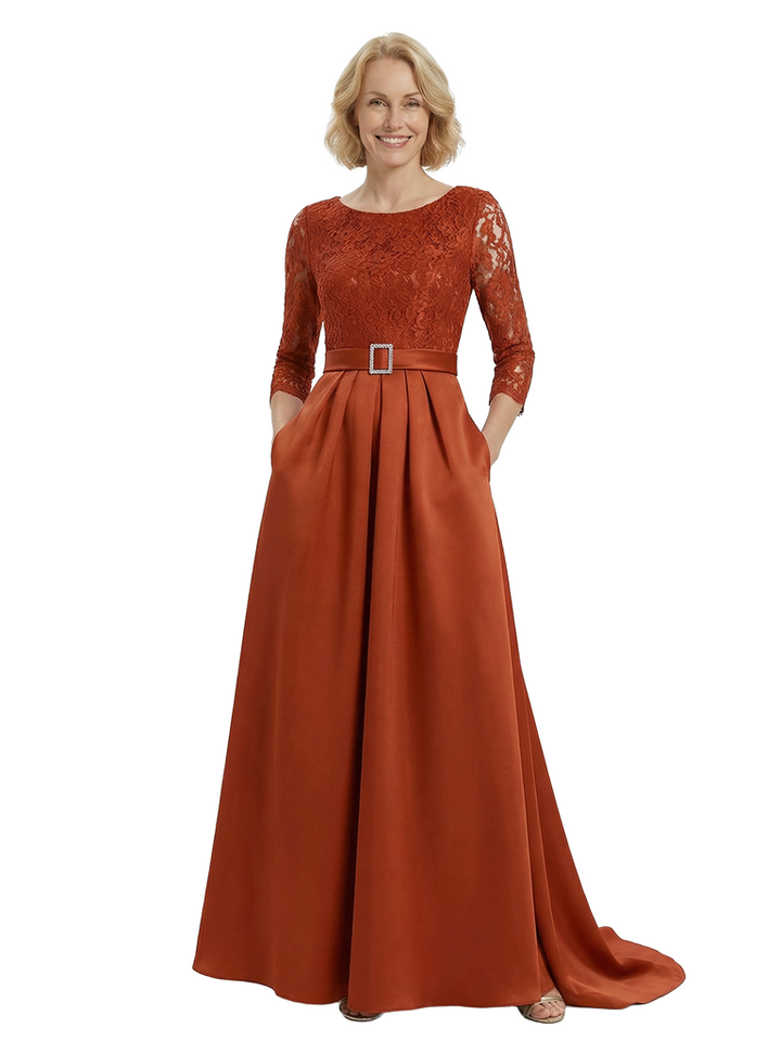Chicsew Elegant Scoop A-Line Lace Satin Mother Of The Bride Dress With Long Sleeves