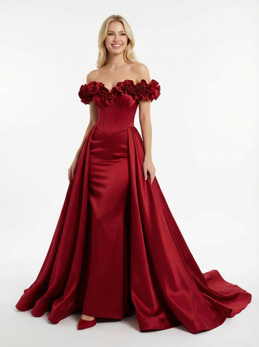 Fancy Flower Sweetheart Satin Formal Prom Off Shoulder Party Dress Overskirt