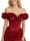 Fancy Flower Sweetheart Satin Formal Prom Off Shoulder Party Dress Overskirt
