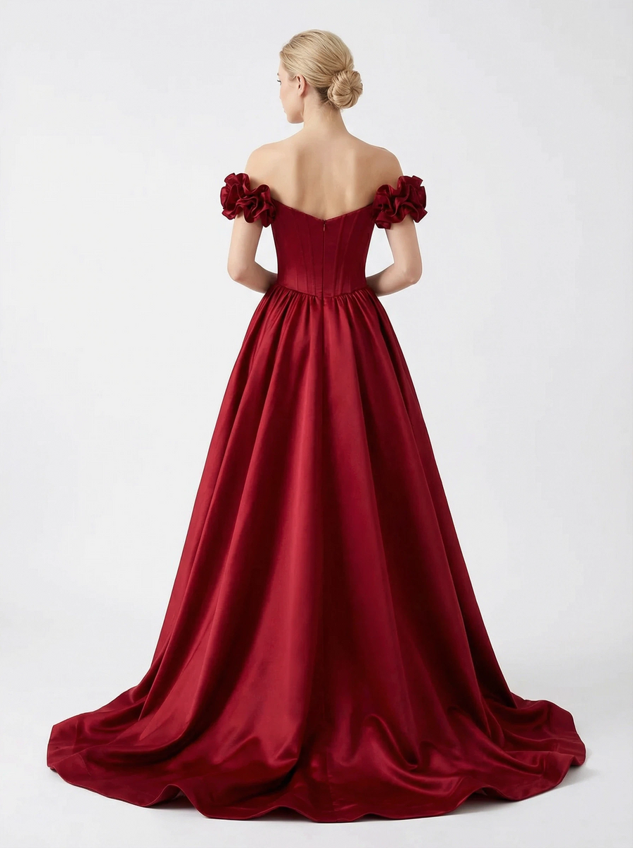 Fancy Flower Sweetheart Satin Formal Prom Off Shoulder Party Dress Overskirt