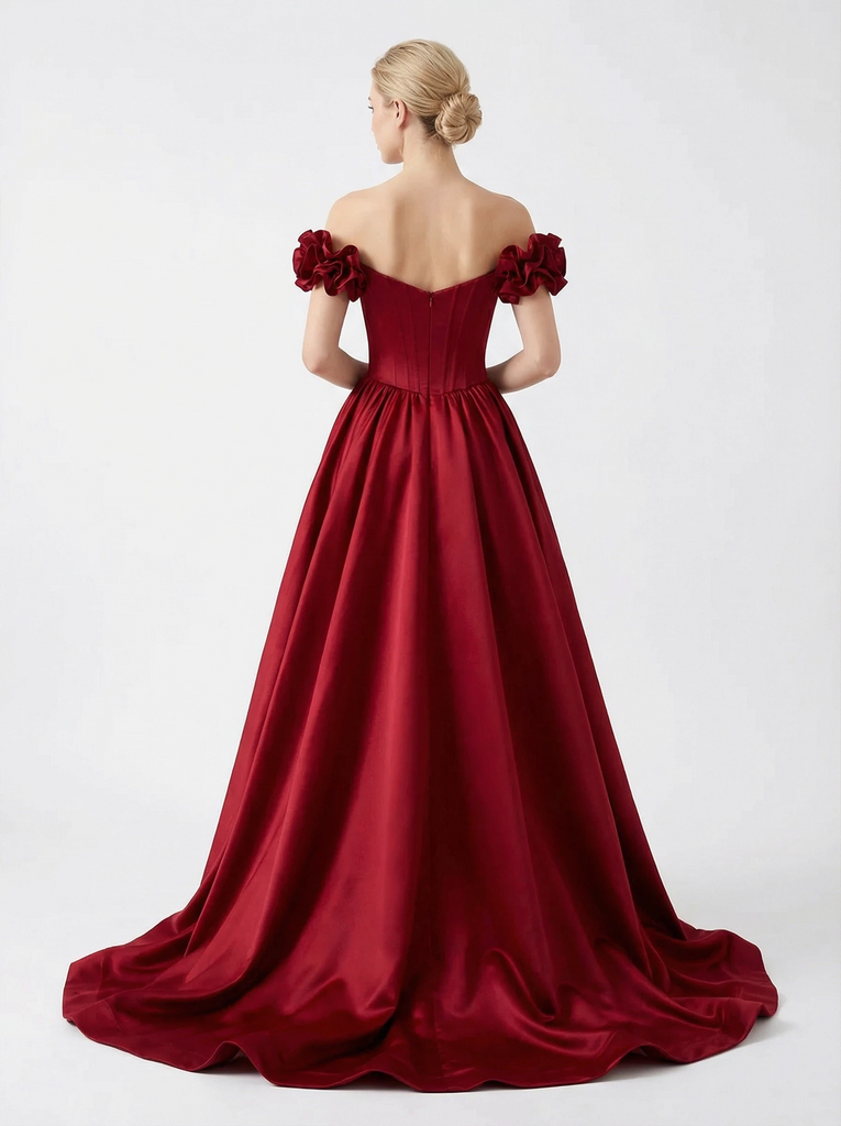 Fancy Flower Sweetheart Satin Formal Prom Off Shoulder Party Dress Overskirt
