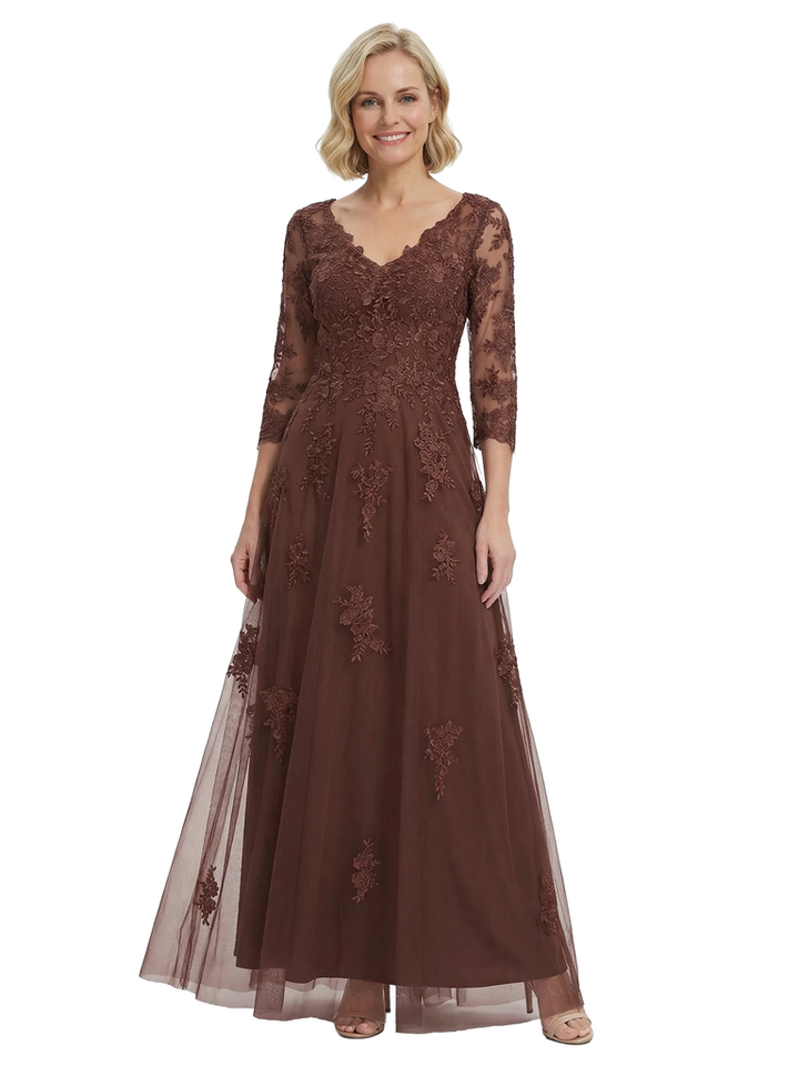 Chicsew Beautiful V-Neck Long Sleeves Tulle A-Line Mother Of The Bride Gown With Floral Appliques