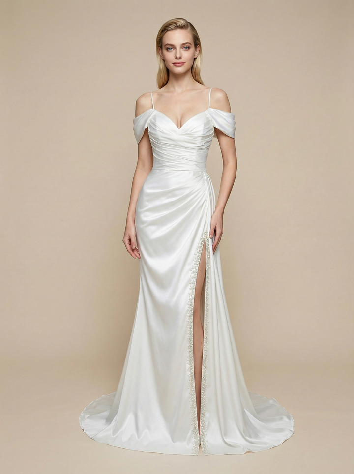 Mermaid Cold Shoulder Beading Side Slit Maxi Long Satin Wedding Dresses Online