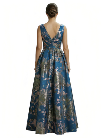 ChicSew Elegant Floral V-Neck Spaghetti Straps A-Line Ruched Floor-Length Formal Evening Dresses