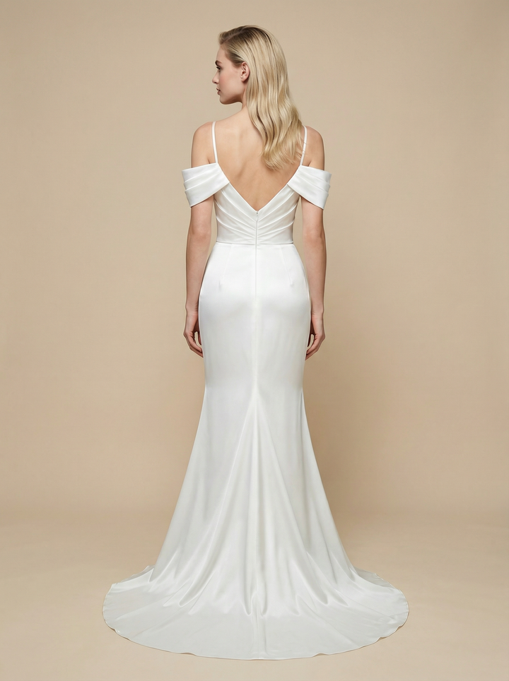 Mermaid Cold Shoulder Beading Side Slit Maxi Long Satin Wedding Dresses Online