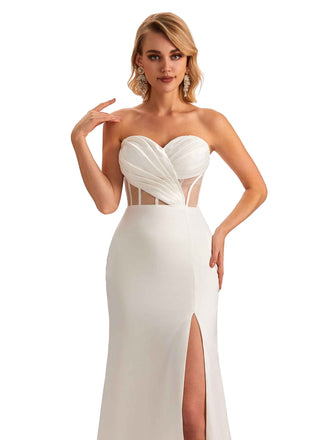 Sexy Sweetheart Side Slit Mermaid Soft Satin Unique Long Bridesmaid Dress For Wedding