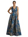 ChicSew Elegant Floral V-Neck Spaghetti Straps A-Line Ruched Floor-Length Formal Evening Dresses