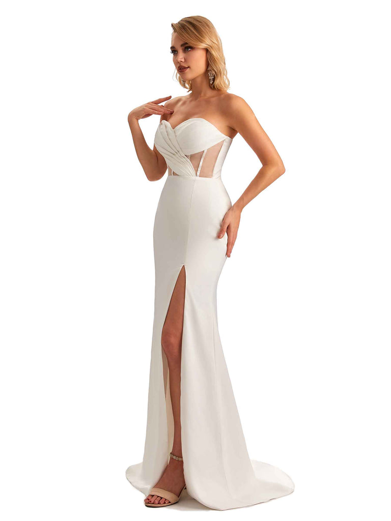 Sexy Sweetheart Side Slit Mermaid Soft Satin Unique Long Bridesmaid Dress For Wedding
