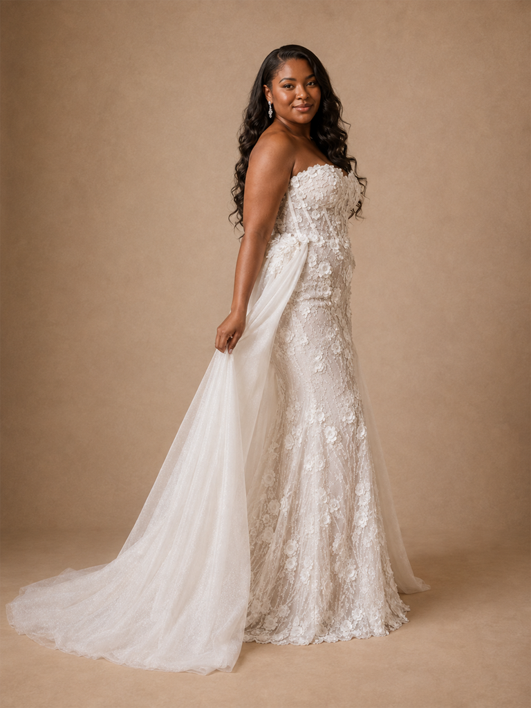 ChicSew Elegant Modern Sweetheart Mermaid Boning Lace Tulle Maxi Wedding Dress With Overskirt