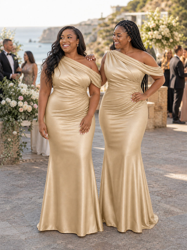 ChicSew Elegant Asymmetrical Neckline Mermaid Soft Satin Floor-Length Bridesmaid Dresses