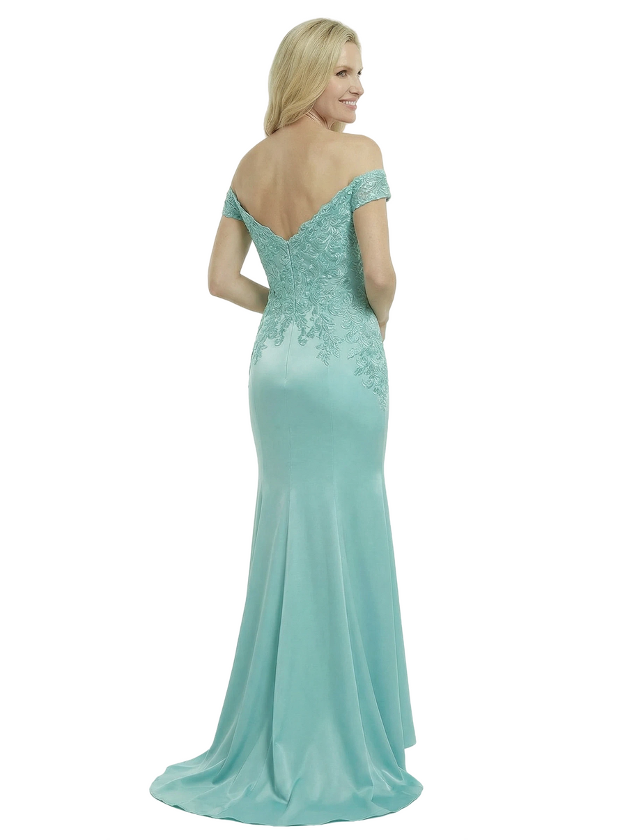 Chicsew Fancy Silky Satin Off Shoulder Lace Applique Mermaid Mother Of The Groom Gown With Train