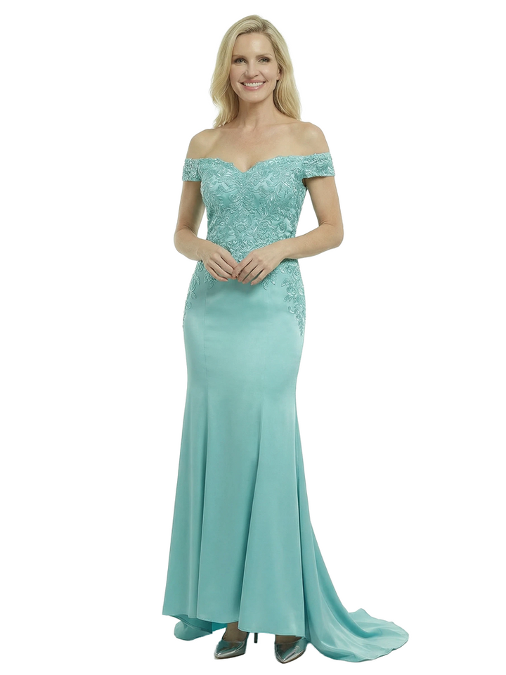 Chicsew Fancy Silky Satin Off Shoulder Lace Applique Mermaid Mother Of The Groom Gown With Train