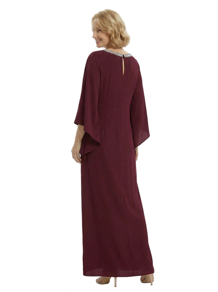 Chicsew Modest Beaded Neckline Long Sleeves Chiffon A-Line Mother Of The Bride Gown