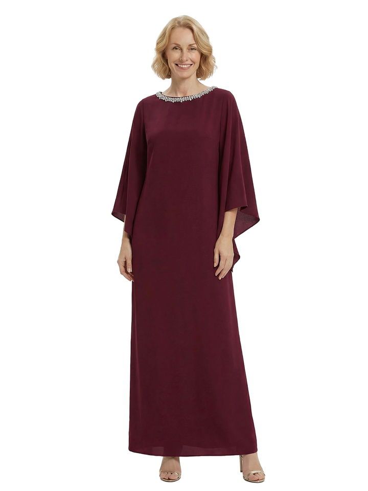 Chicsew Modest Beaded Neckline Long Sleeves Chiffon A-Line Mother Of The Bride Gown